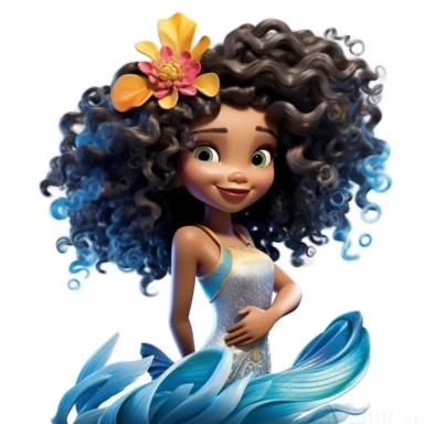 a dark complexion, a mermaid with curly afro textured hair, age 6, with a ultra vivid fin, lavishly beautiful, under the sea in the ocean, surrounded by marine life, full body, hyperrealistic, photorealistic, vivid color, pixar detailed, ultracrisp imagine, ultra realistic, hand drawn, clipart