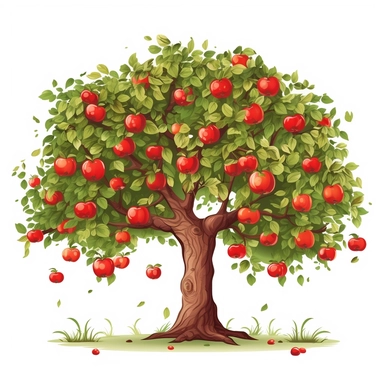 An apple tree with red APPLES, harmonious balance, children's illustration book, vector, png, clipart, 2D, poster art, white background