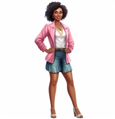 full body shot of smiling African American Black Girl Magic boss lady vector clipart vector illustration with transparent background, in the style of light indigo and light crimson, photo-realistic hyperbole, cluj school, transparent/translucent medium, detailed crowd scenes, light pink and light emerald, dark brown and white