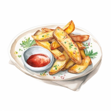 Watercolor detailed illustration ofPotato wedges served with dipping sauce on a plate, clipart, white background