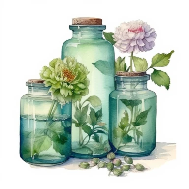 green glass without lid Jars full of flowers ,watercolor, cottage core,peony painted by ann buccarelli,insanely high quality, watercolor , white background, clipart, vintage--q 2
