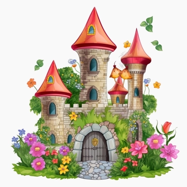 Sticker Clip Art of a medieval fairy tale castle, garden with flowers, illustrated in playful and realistic style, children friendly, perfect for any special occasion, cut out in the shape of a castle, children friendly, with no visible background, giving it the appearance of a sticker, edited with Adobe Photoshop to adjust brightness and contrast, rendered as a transparent PNG file with a high resolution to ensure a crisp and clear image with no pixelation, suitable for various applications suc