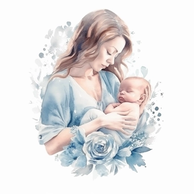 beautiful mom with newborn baby boy, watercolor effect, isolated white background, babyshower clipart, soft blue tones, 8k
