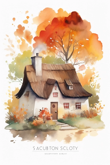 a watercolor clipart on white background of a cozy thatched roof cottage with stone walls and a chimney with smoke coming out, nestled among trees with leaves in shades of red, orange and yellow with vibrant autumn foliage and a pumpkin patch in the garden