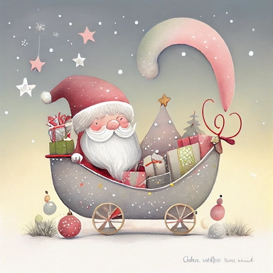 A watercolor painting cute Santa Claus, Father Christmas, sitting in his sleigh with presents in the back of his sleigh, cute detailed digital art, inspired by nicoletta ceccoli, by Kubisi art, whimsical and cute, by nicoletta ceccoli, cute detailed artwork, glimmering, adorable and whimsical, whimsical art, Clipart style, png style, svg style, blank white background, a solid white background