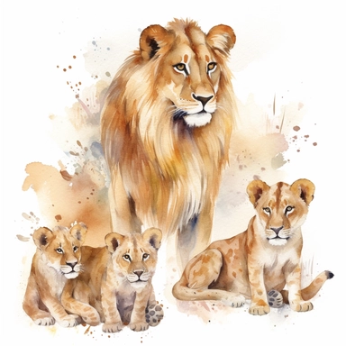 family, baby, lion and lioness,Watercolor Clipart high quality, white background , lion and lioness, cute, love