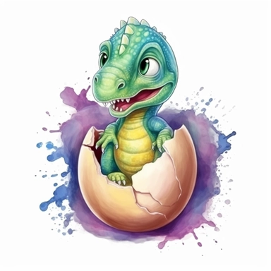 t-rex baby cute dinosaur hatching from egg, realistic, kids cartoon sublimation watercolor clipart design