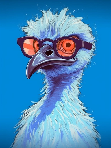 a portrait of a Emu wearing a white shirt and glasses, looking tired and done with life, vector illustration, clipart, outlines, portrait,