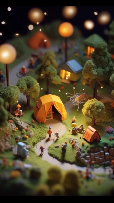 Miniature. Super cute clay world with flowers blooming all over, clipart stop-motion animation, moon, night sky, felt grass, people, tents, camping, tilting moving excellent lighting, volume, landscape, brush rendering, 3D super details