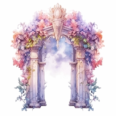 Heavenly Floral Gate Clipart, Watercolor Cartoon, hyper realistic, intricate detail, illustration style, high resolution, on the white background