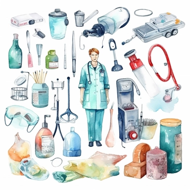 watercolor doctor related scenes , illustrations clipart set, simple, , cartoon elements ,different variants , glucometer, insulin syringe, nurse, doctor, stethtescope, mechanical body weighing scale, tweezers, microscope, ambulance, , separate elements with a margin