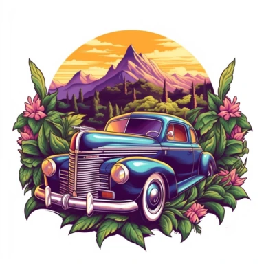 old car, close up, a sticker, artwork of t-shirt graphic of the majestic forest, in digital painting style, beautiful flowers, sunset mountains and clouds, big vines, stone temple covered in vines, plants surrounding, highly detailed clean, vector image, photorealistic masterpiece, professional photography, realistic, flat white background, isometric, vibrant vector, clipart, illustration, realism, 4k, cinematic, front view, paradise, extremely white background