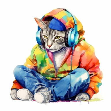 colorful cat art, full body, wearing cap and headphones, clipart, white background