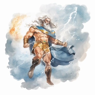 A watercolor clipart of mighty Zeus, portrayed in a dynamic and powerful stance, wielding a lightning bolt in one hand and a thundercloud in the other, emanating a sense of divine strength and authority