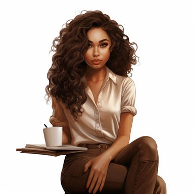 ethnic, curly dark brown hair, caramel skin tone, full lips, almond shaped eyes, silk blouse, sitting down, reading a book, cafe setting, white background, clipart