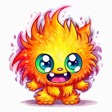 whimsical kawaii chibi fluffy colorful fire monster with big eyes, big teeth and demon tail, cartoon clipart on white background with margins, Psychedelic, watercolor, icon, sticker, vivid colors, full colors, and details, 32k, 3d