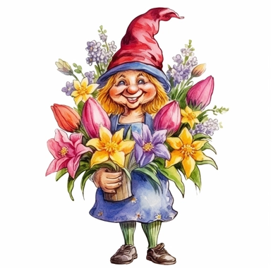 A delightful, hand-drawn clipart image of a friendly female gnome with no beard, dressed in a charming, spring color ensemble, sporting a tall, pointy hat, and standing with a welcoming smile, monet style flowers, presented on a transparent background for