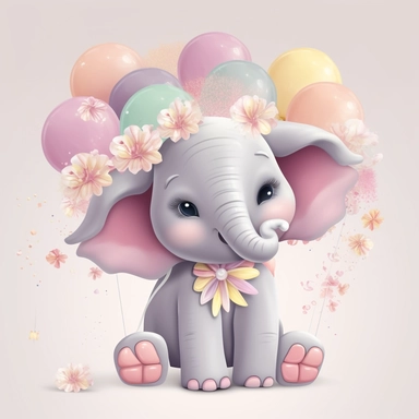 a detailed very colorful vector Clipart image sticker of a beautiful majestic magical floral smilling baby elephant and pastel pink balloons colors holding balloons with a white background, pastel light colors, fall colours, gold ropes, photorealistic, cinematic, Cinematic, Color Grading, Editorial Photography, Photography, Photoshoot, Shot on 70mm, Ultra-Wide Angle, Depth of Field, DOF, Tilt Blur, Shutter Speed 1/1000, F/22, Gamma, White Balance, Neon, Light, Dark, Light Mode, Dark Mode, High C