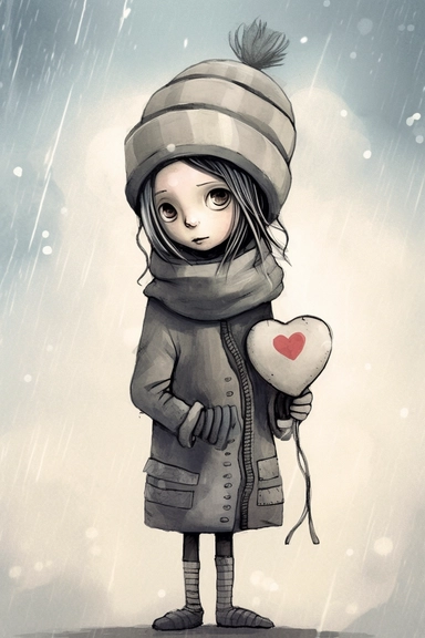 a picture of a girl in winter holding a heart, in the style of quirky character designs, silver and beige, angelcore, ink-washed, scrapbook, argus c3, character, clipart