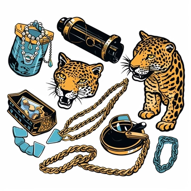 clipart neo traditional elements, expensive gold and diamond chain necklaces, earrings by cartier Rolex tiffany Inspired clothing clipart vector isolated on a white background, rapcore