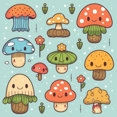 Create a Kawaii-inspired clipart set that celebrates the magic of nature. Design adorable critters like smiling mushrooms, happy clouds, and cuddly flowers. Let the elements be full of life and joy, with vibrant colors and soft, rounded shapes. Add tiny details like rosy cheeks, shiny eyes, and little bows to bring your Kawaii characters to life. Your clipart will transport viewers to a world of cuteness and wonder. Kawaii. White background, soft lighting.