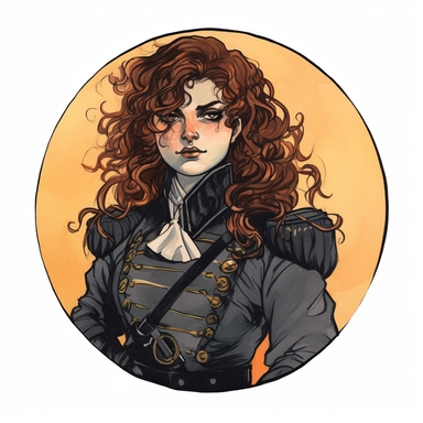Abigail Larson's portrait of a young girl regency military uniform orientalism noble caricature Joe Keery, Josh Kirby Mad Max Lord of the Rings, handpainted punk zine indie retrowave film poster, clipart illustration, circle white background, circular border