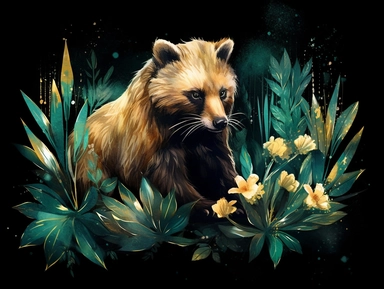 deep emerald gold watercolor Wolverine with flowers plants clipart, golden metallic lines and some glitter, shining colors, dark background, 8k, high resolution