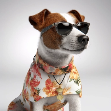 A hyper-realistic Jack Russell Terrier dog wearing a stylish Hawaiian shirt and cool sunglasses, depicted on a white background in a clip art style. Cinematic, hyper-detailed and insanely detailed, the image is beautifully colored with the help of the Unreal Engine. The depth of field (DOF) effect enhances the visual impact, while the super resolution and high megapixel count ensure exceptional image quality. Lighting is rendered with cinematic precision, incorporating anti-aliasing techniques l