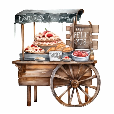 create a beatiful highly deatailed and saturated disney style watercolor clipart image of an old fashion wooden bakery cart selling apple pies, with a small decorative wooden chalkboard sign, white background, no text, no font