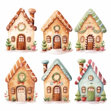very simple watercolour childrens book style drawing of different cute gingerbread houses, pastel colours soft on white background for clipart, 8k