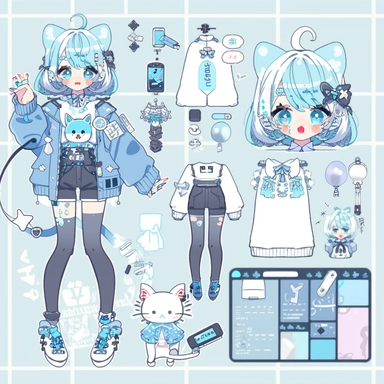 a girl that is standing in front of a bunch of stuff, trending on deviantart, character sheet,? ?‍? ? ✨ ,embrace porcelain doll,everything fits on the screen,highly detailed object content, secret,knolling, clipart icon,anime