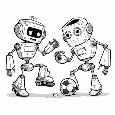 two robots kick football, smile, black and white, line art, coloring page, printable, thin lines, no details, no shadow, crisp lines, illustration, vector, clipart