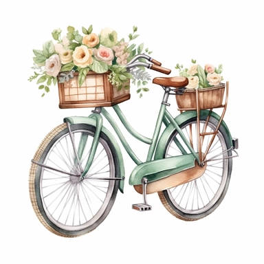 vintage bicycle with flower basket in front, mint green and brown color theme, watercolor, clipart, hyperrealistic, white background