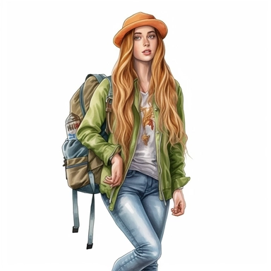 isolated illustration on a white background, a hyper realistic camping girl in a warm green outfit long ultra straight very natural looking long hair holding a backpack, Clipart, watercolor realistic and highly detailed, natural realistic warm rich colors