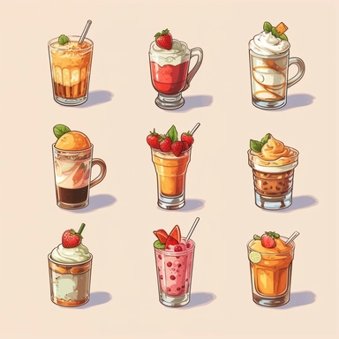 Illustrate a collection of food and beverage cliparts, ranging from delectable desserts to refreshing drinks.
