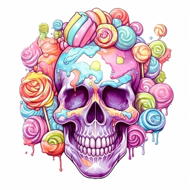 Fantasy beautiful sugar scull and sweets, pastel rainbow color, watercolor, on white background style by Lucy Fleming, watercolor, smooth gradients, black contour outline, ultra detailed, clipart elements, delicate pastel colors, solid white background, super clear, high quality