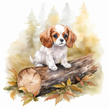 create a beautiful detailed and original watercolor clipart image of a very small happy and adorable king charles cavalier puppy in a beautiful redwood forest during fall by sitting next to a large tipped over tree trunk, include fall colors, include detail to grass and fall leaves being crushed under the tree trunk, white background, no text, no font, no words