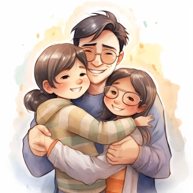 asian father hugging daughter and boy lovingly, smiling, Watercolor Clipart, HAPPY, strybk, full Illustration, chibi kawaii, sharp focus, watercolor, smooth soft skin, symmetrical, soft lighting, detailed face, concept art, muted colors, watercolor style, strybk, children's style fairy tales, Octane rendering, 3D, Perfect face, detailed face, delicate face, perfect sharp lips, detailed eyes. Craig Davison, Aubrey Beardsley, Conrad Roset, Aikut Aidogdu, Agnes Cecil, 8k
