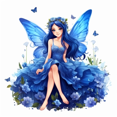 a beautiful smiling fairy girl sitting in flowers, royal blue dress, big fairy wings, lovely butterflies all around her, pixar style, full body image, clipart, white background