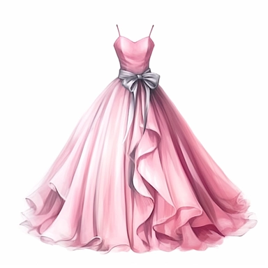 pink elegant party dress drawing, illustration clipart, high detailed, white background, digital art