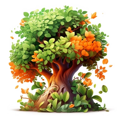Clipart, cartoon bush in safary, in the style of imax, playful and lighthearted compositions, childlike innocence and charm, light orange and green leaves in the crown of the tree, uhd image, realistic and hyper - detailed renderings, movie still, utilizes, white background