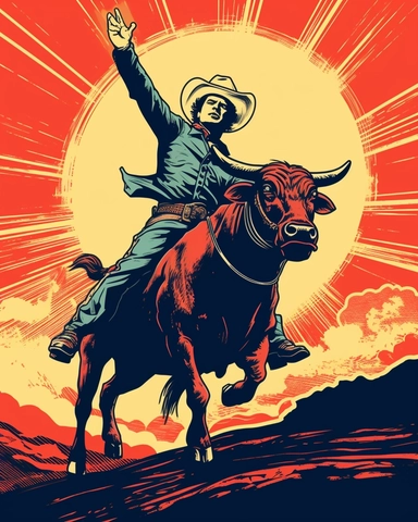 a pop art clip art illustration of a cowboy riding a bucking bull in a rodeo arena, 2 color screen print, by Charles S Anderson Design,