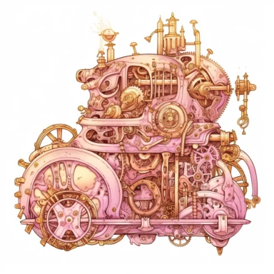a close up of a pink and gold colored machine with a pink and gold colored machine, inspired by Greg Staples, cute detailed digital art, speculative fashion, old scroll, rat kind mecha, james jean aesthetic, steampunk aesthetic PNG steampunk fantasy watecolor style white background Clipart