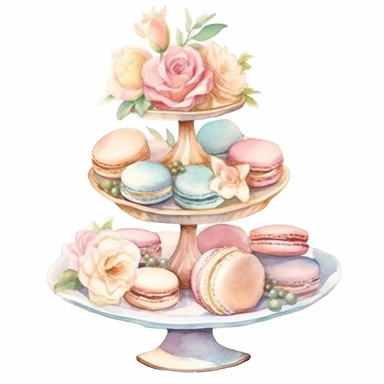 Clipart, Watercolor, Blush Floral Shabby Chic Tier Candy Tray with cupcakes, Macarrons and sandwiches, light colors, hand-draw, texture