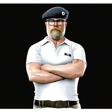 clipart of thin jamie hyneman, white shirt, wearing beret, photorealistic, full body portrait