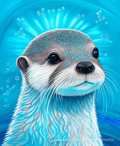 cute otter with bright blue eyes, animal illustrations, appropriation artist, light blue background, precisionist art, clipart