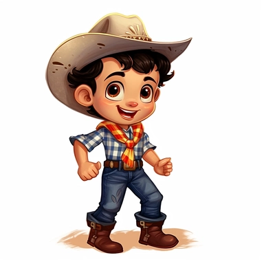 A cute little boy dressed for a brazilian junina party, with jeans, cowboy boots, long - sleeved plaid shirt, happy, playing acordion, Monica's gang style, Graphics Maurício de Sousa, on white background, big eyes, clipart, cartoon, inkley studio, smiling