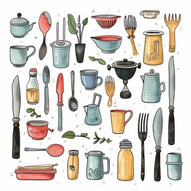 Hand-drawn colorful clipart of vintage American utensils on a white background. Features a retro aesthetic with a touch of whimsy. Perfect for restaurant menus, cookbooks, or food blogs. Includes fork, knife, spoon, and other utensils. Illustrations are high-quality and can be easily resized without losing quality.