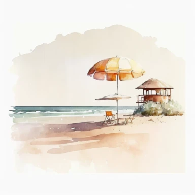 watercolor chic illustration of a urban beach with lifeguards stand guard over a sandy beach with umbrellas, beautiful, rich earthen colors, sticker art,clipart , light colors, white background, details
