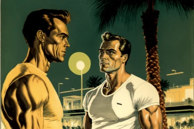 letraset clipart of handsome 40 year old men talking near a vintage, athletic man in palm springs at night, 1960's, happy, friendly, curiousity, washingtonia palms, mid century modern building, dramatic lighting, low camera angle, pool